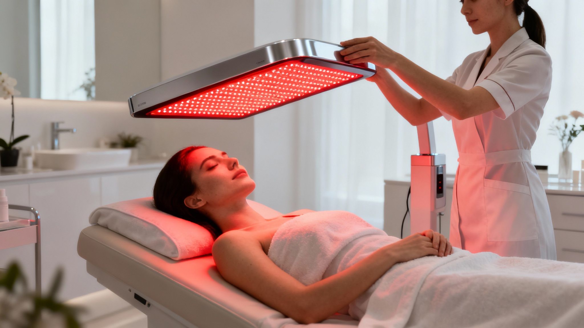 Woman relaxing during an LED facial session