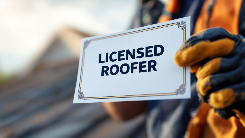 A person researching roofing contractors on a laptop, with a notepad and pen nearby for making a list.