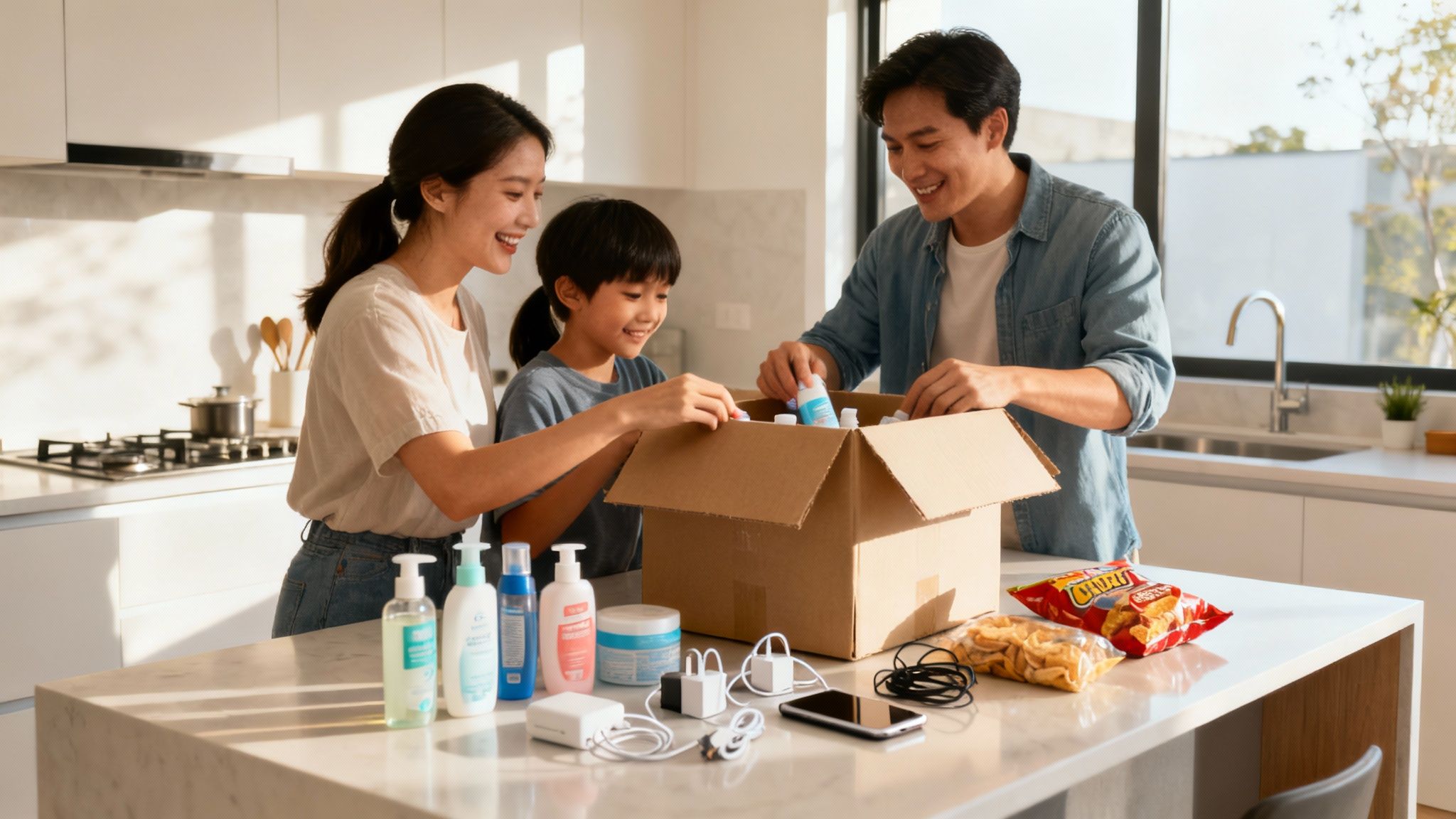 A family happily unpacking boxes in their new Texas home, with sunlight streaming through the windows.