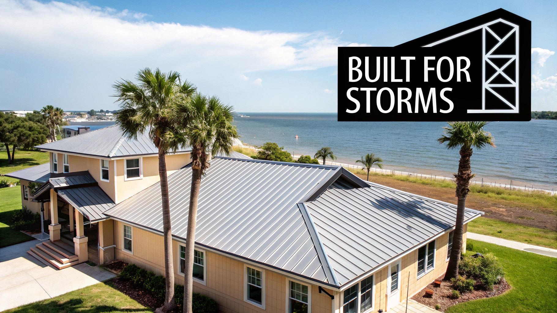 A modern home in a coastal area featuring a durable, dark-colored metal roof.
