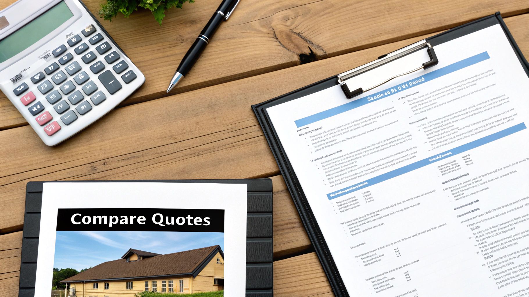A person reviewing a detailed roofing quote document with a pen and calculator.