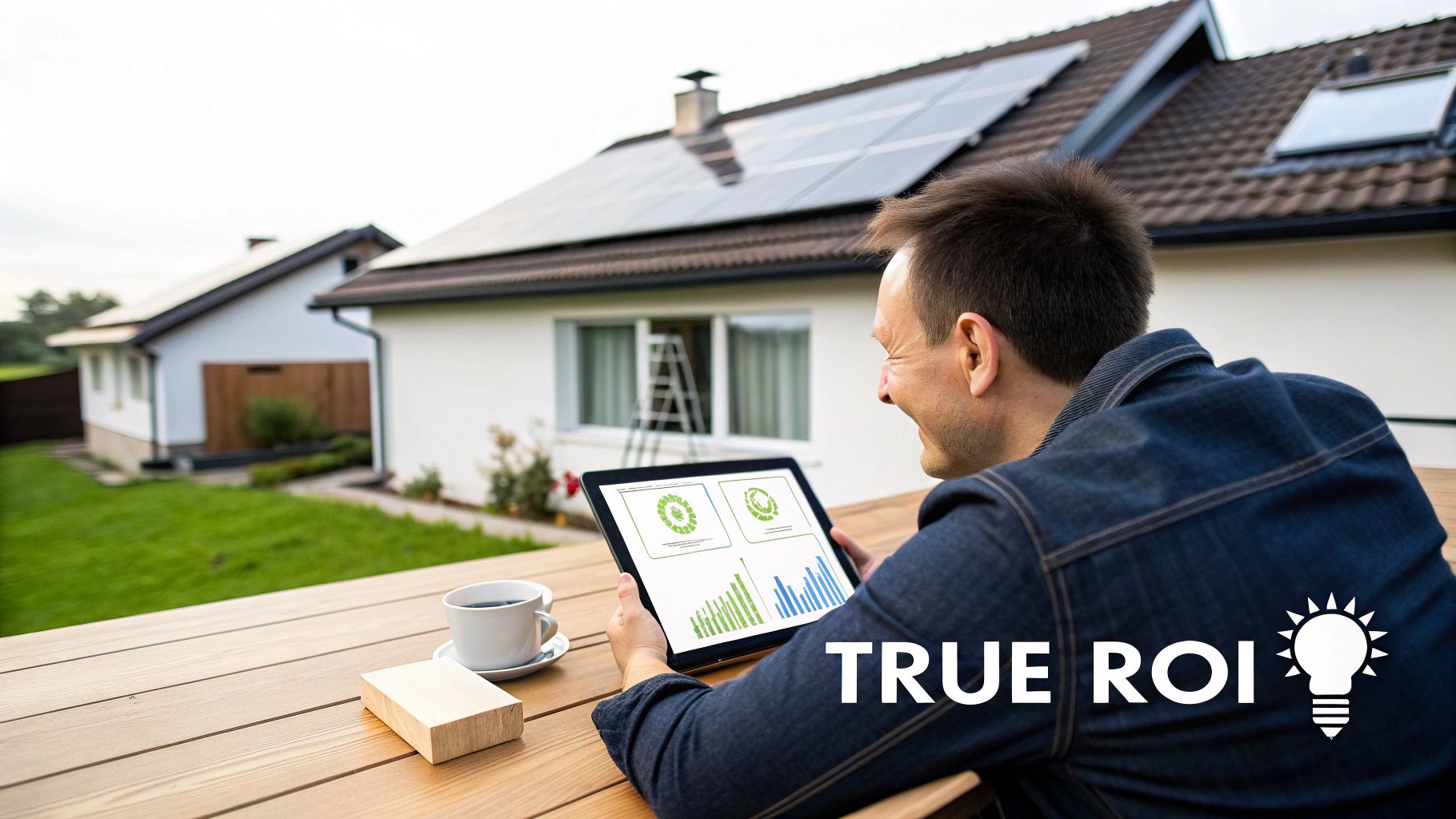 A Central Florida home with a solar battery backup system, illustrating the concept of return on investment with green arrows.