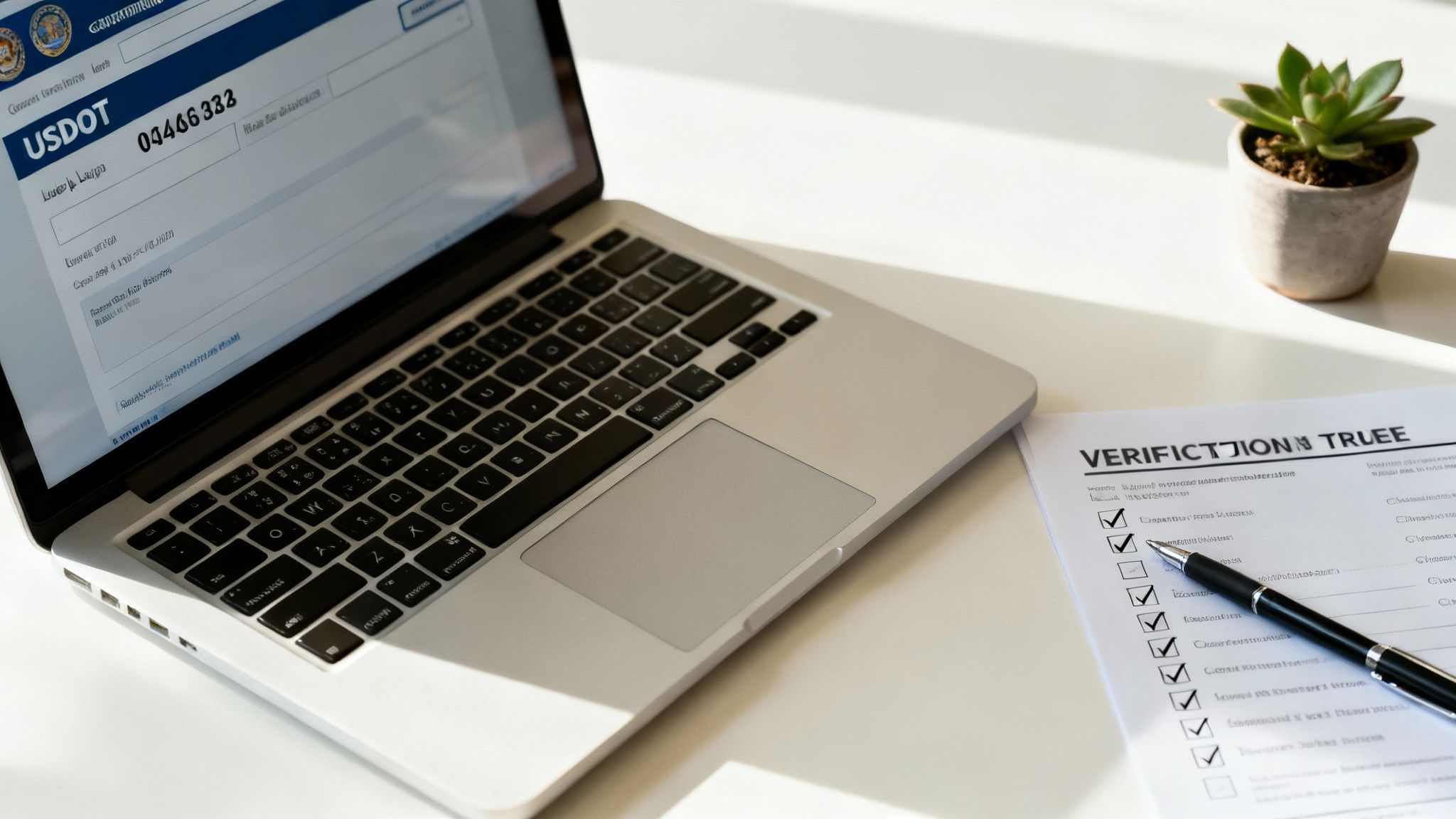 Laptop displaying USDOT number verification page with checklist and pen for moving company research