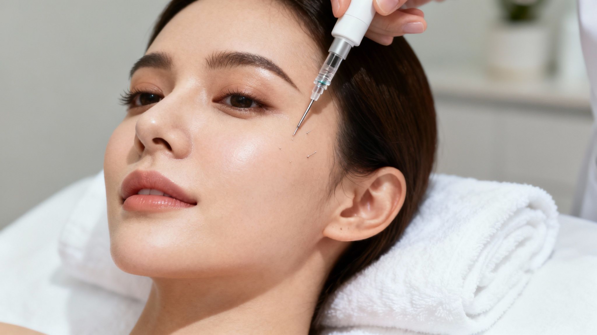 Aesthetician performing a facial treatment on a client in a modern clinic.