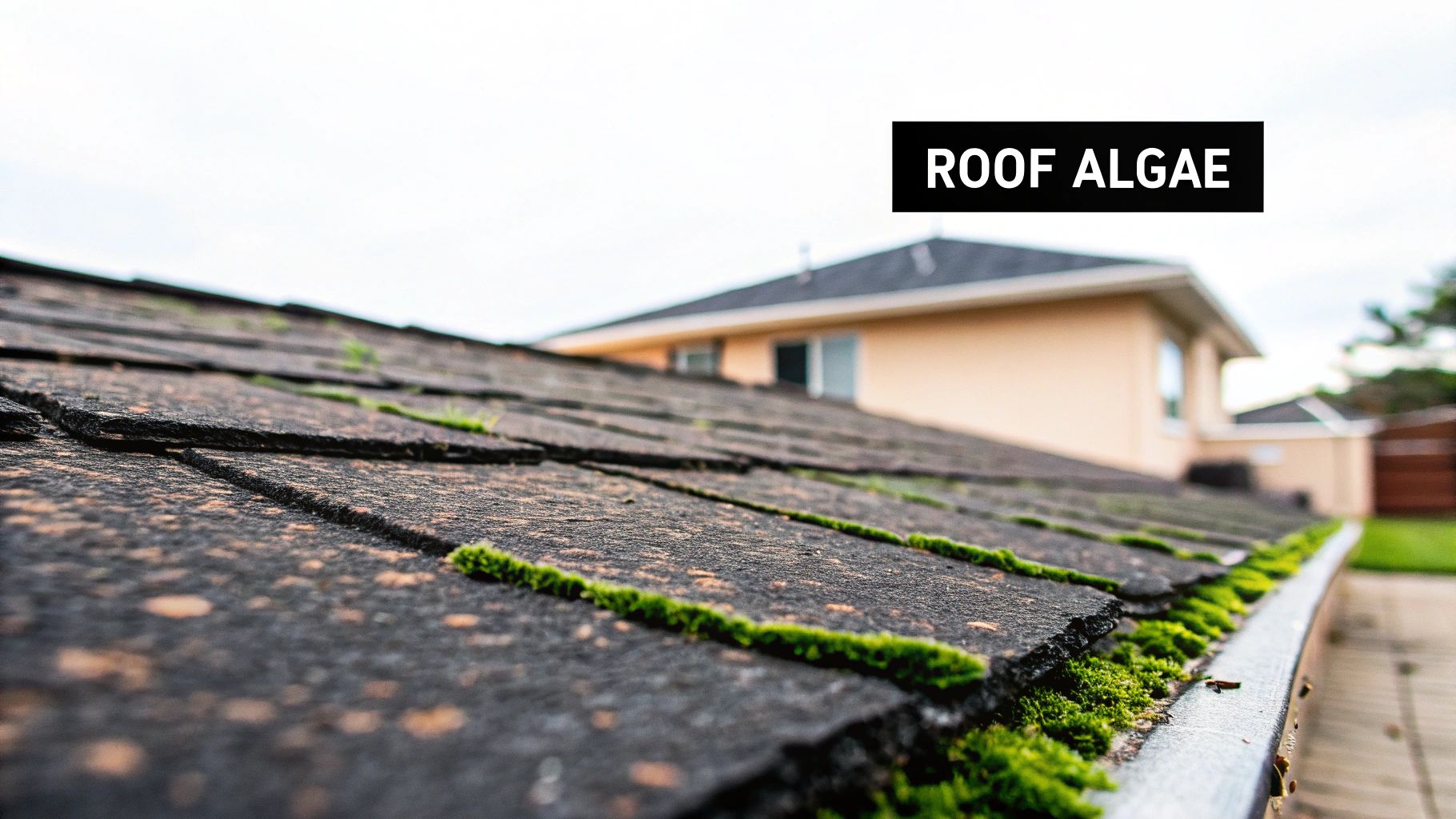 Close-up of a roof with prominent black stains running down the shingles.