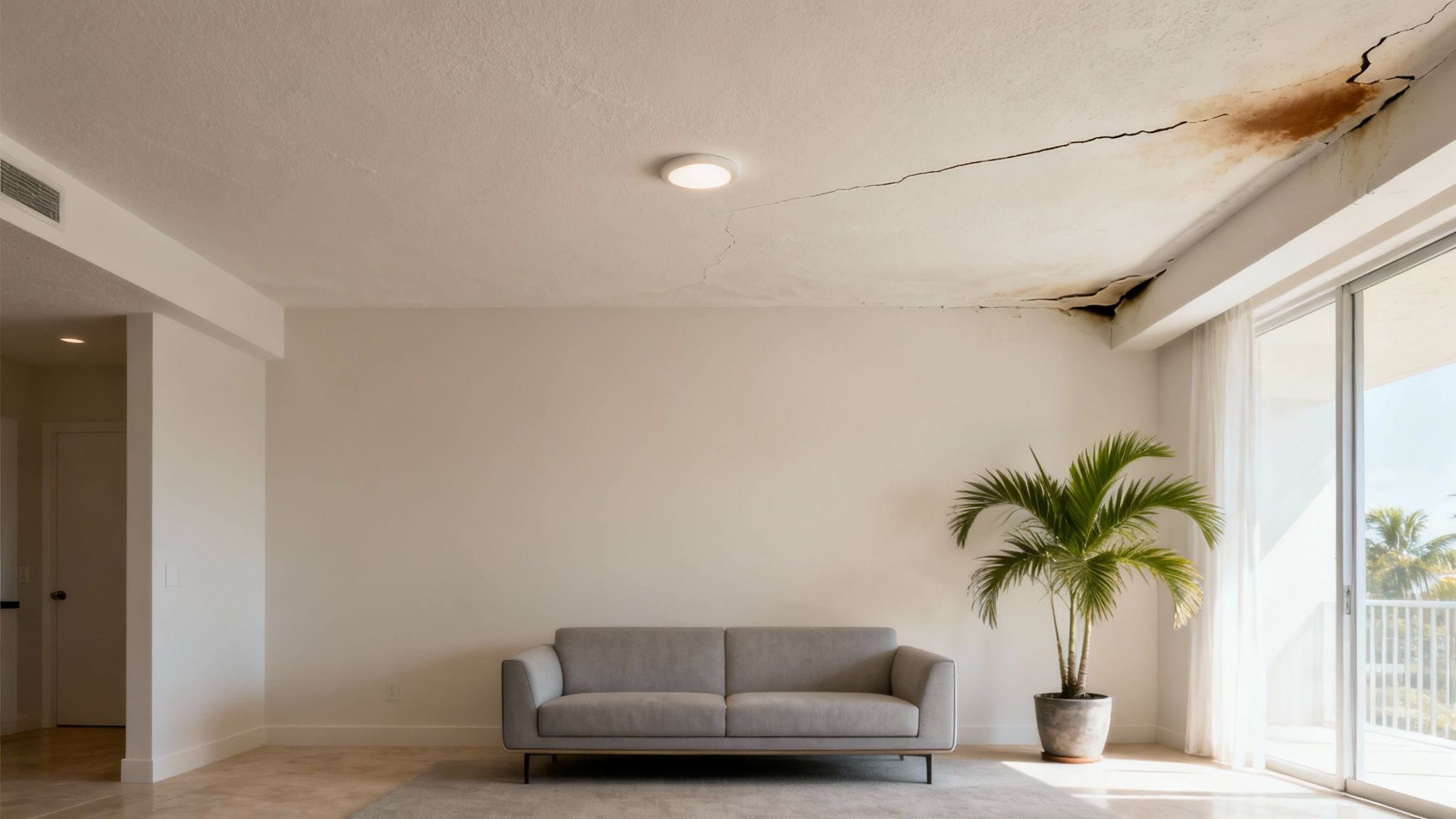 A person inspecting a water-damaged and sagging ceiling in a home.