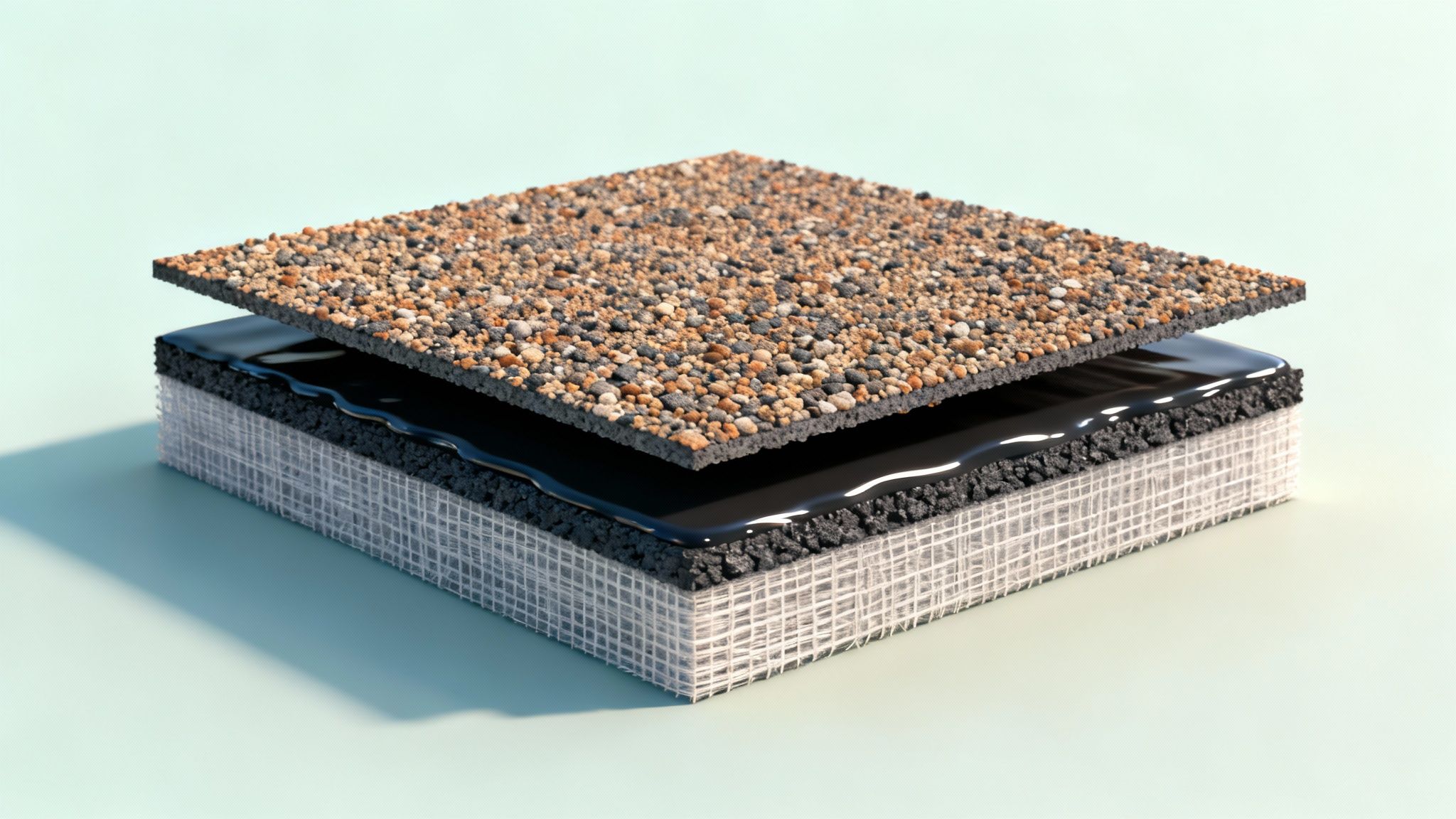 Close-up of modern asphalt shingles with a fiberglass core, showing their texture and layers.