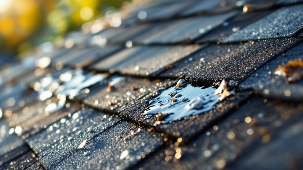 A section of a roof showing hail damage and fallen leaves, indicating weather-related wear.