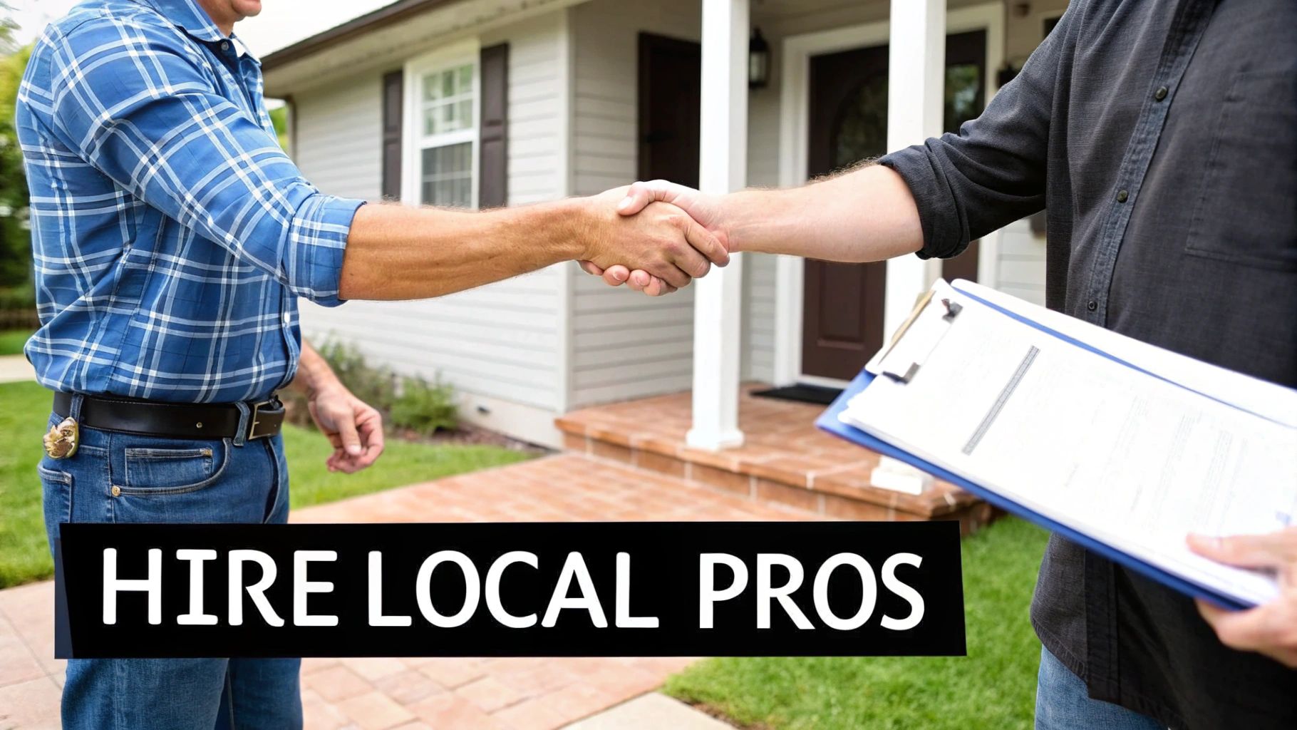 A roofing contractor discusses a project with a homeowner, pointing at a clipboard.