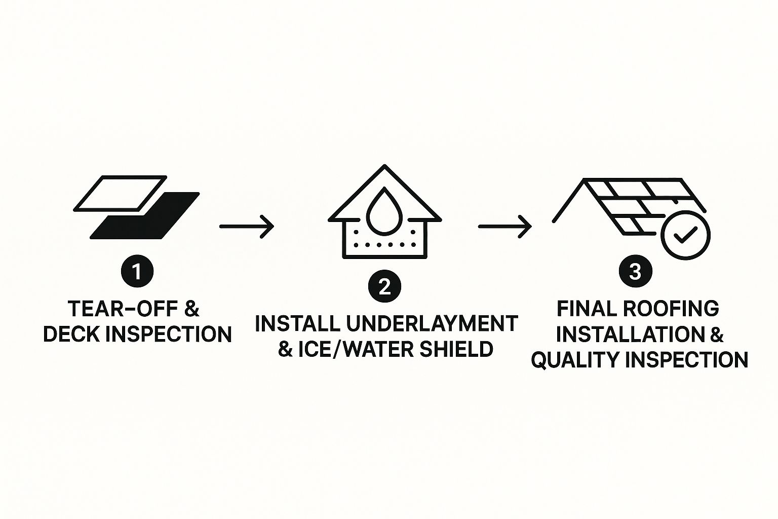 Infographic detailing the three main stages of a roof replacement: Tear-off & Deck Inspection, Underlayment & Ice/Water Shield Installation, and Final Roofing Installation & Quality Inspection.