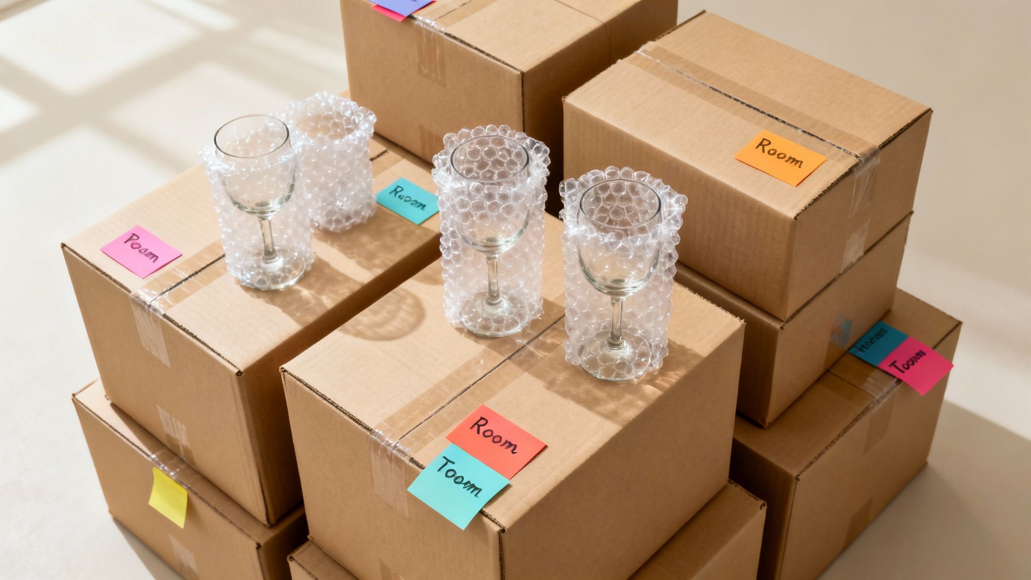 People packing moving boxes with care, surrounded by supplies like bubble wrap and tape.