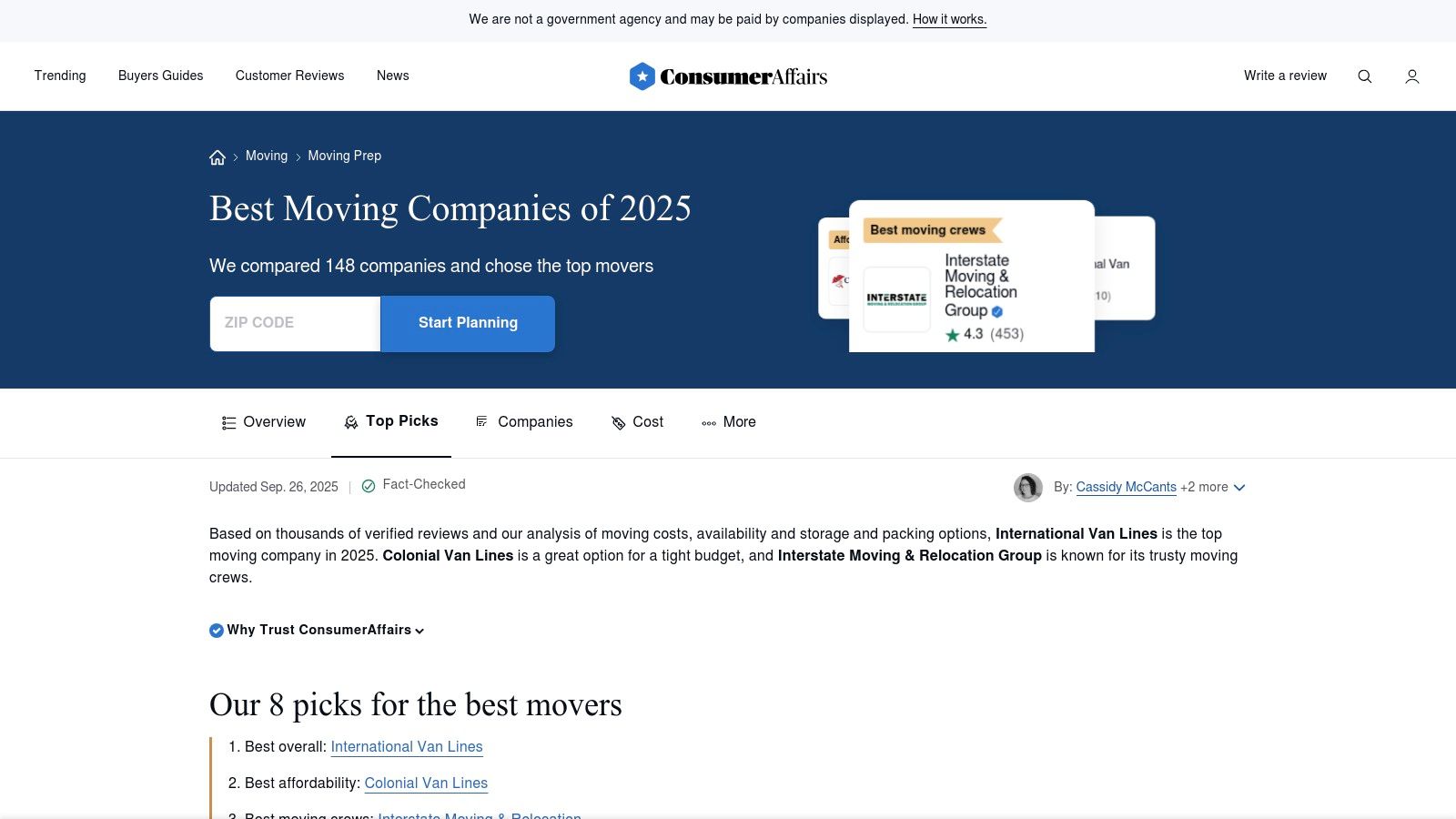 ConsumerAffairs interface showing moving company listings
