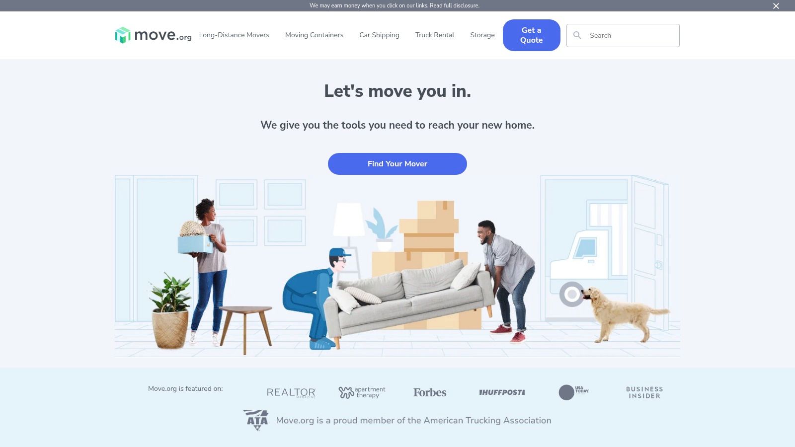 Move.org homepage featuring moving company comparisons