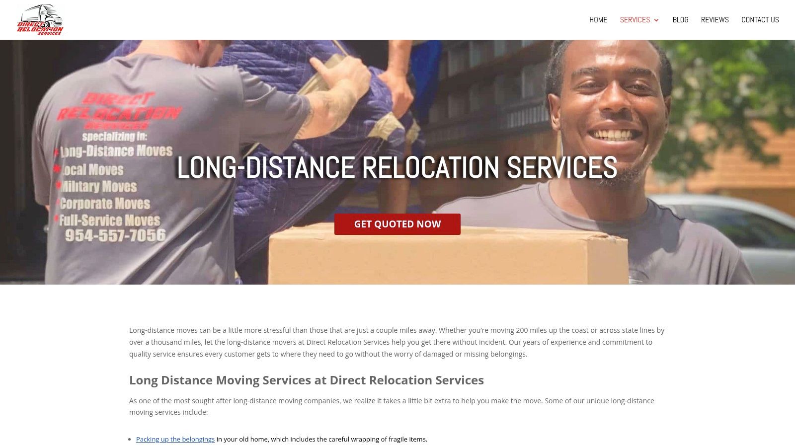 Direct Relocation Services website homepage showing their specialization in long-distance moves from Florida.