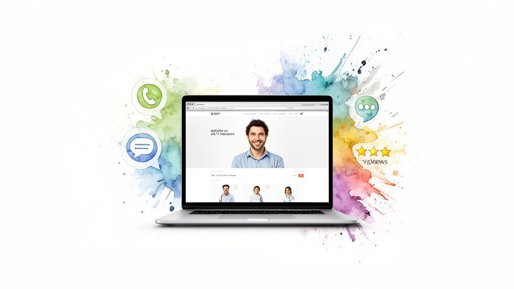 Modern laptop displaying a business website design with a smiling person, surrounded by colorful abstract elements and communication icons.