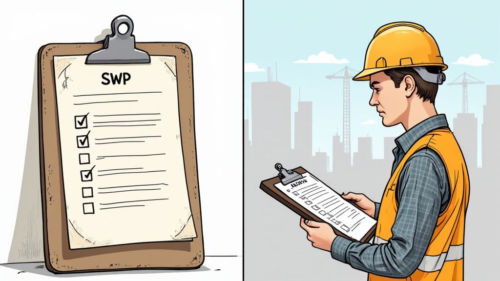 A clipboard with a 'SWP' checklist and a construction worker reviewing safety procedures.