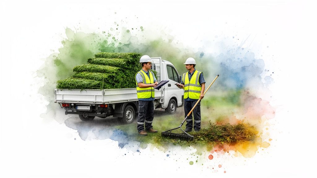 Two workers in hard hats and safety vests with a truck full of cut grass and a rake.