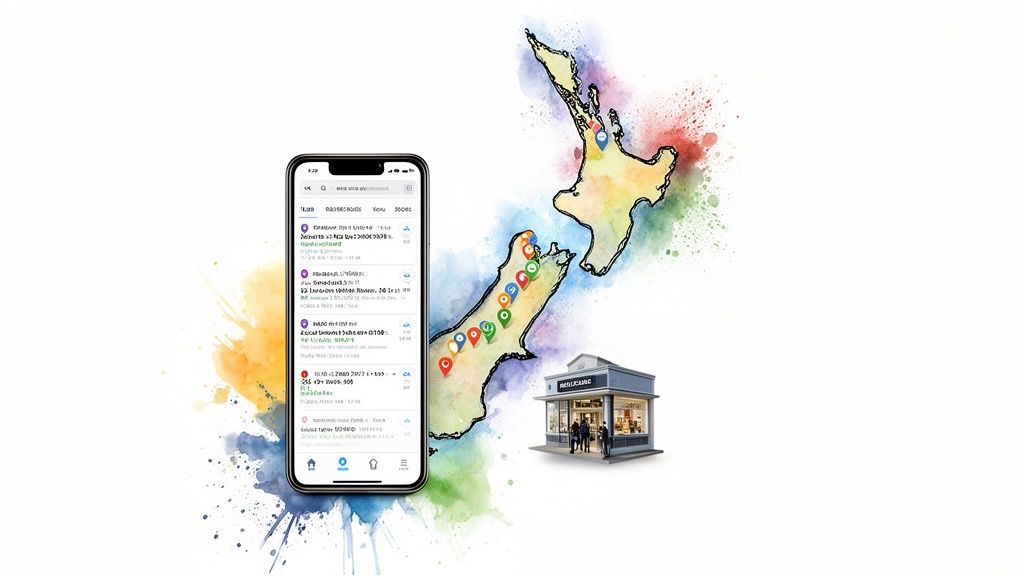 A smartphone app displaying a list of locations, a map of New Zealand with colored pins, and a small business storefront.