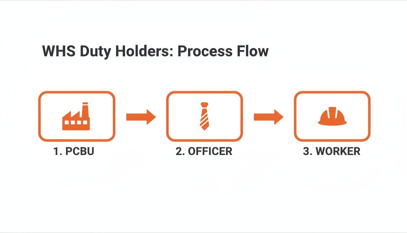 Process flow diagram illustrating Work Health and Safety duty holders: PCBU, Officer, and Worker roles in a manufacturing setting.