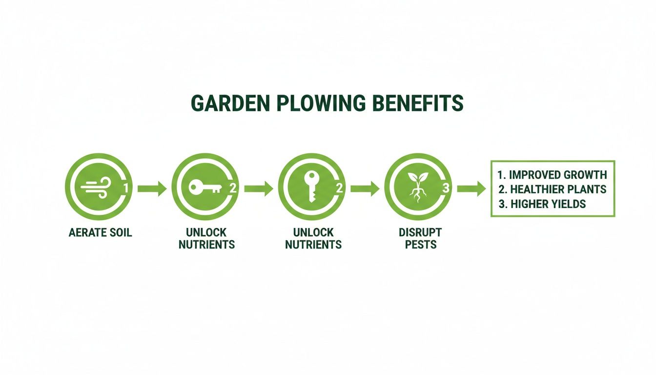 Flowchart showing garden plowing benefits: aerates soil, unlocks nutrients, disrupts pests, improving growth and yields.
