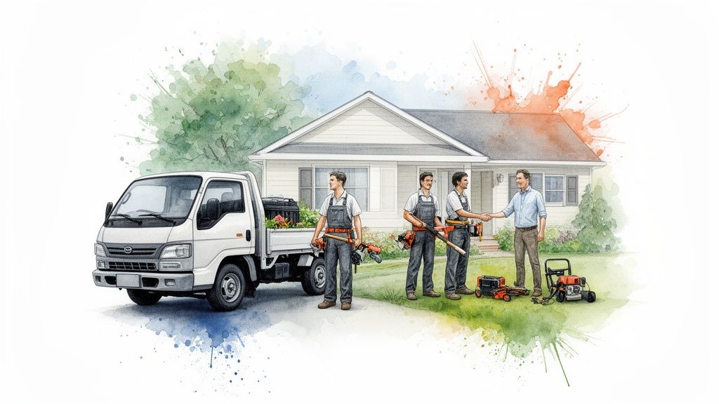 Landscapers with tools and a truck shaking hands with a homeowner in front of a house.