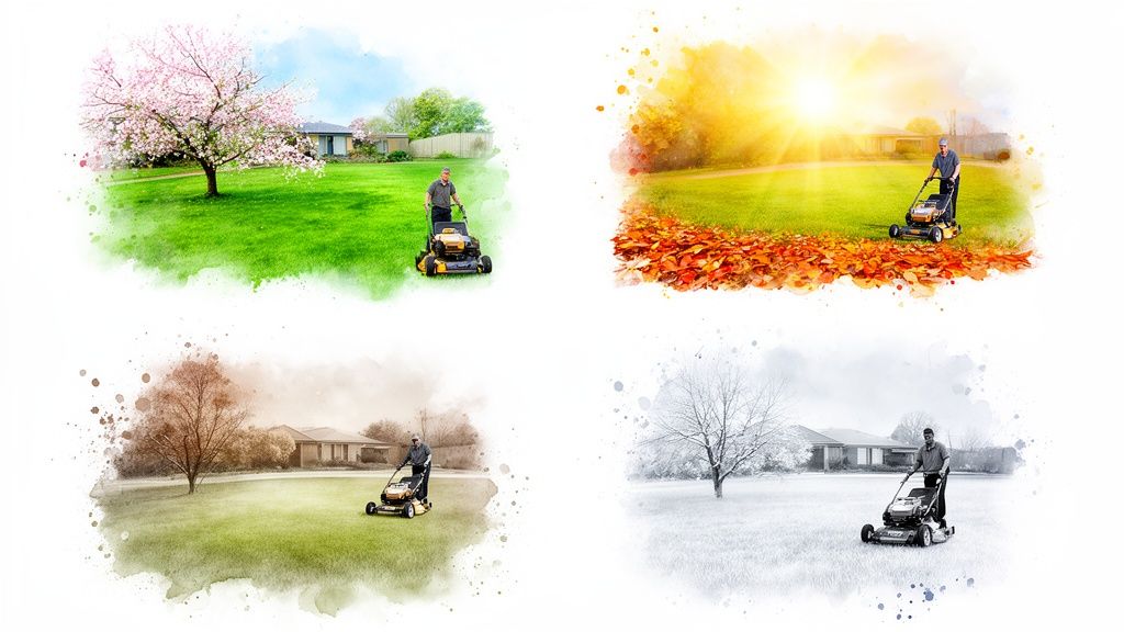 A man mows a lawn through all four seasons in watercolor art style.