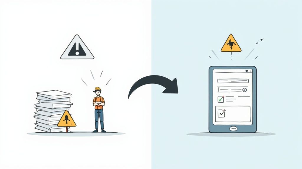 Illustration depicting the transition from manual, paper-based safety compliance to digital solutions on a tablet.