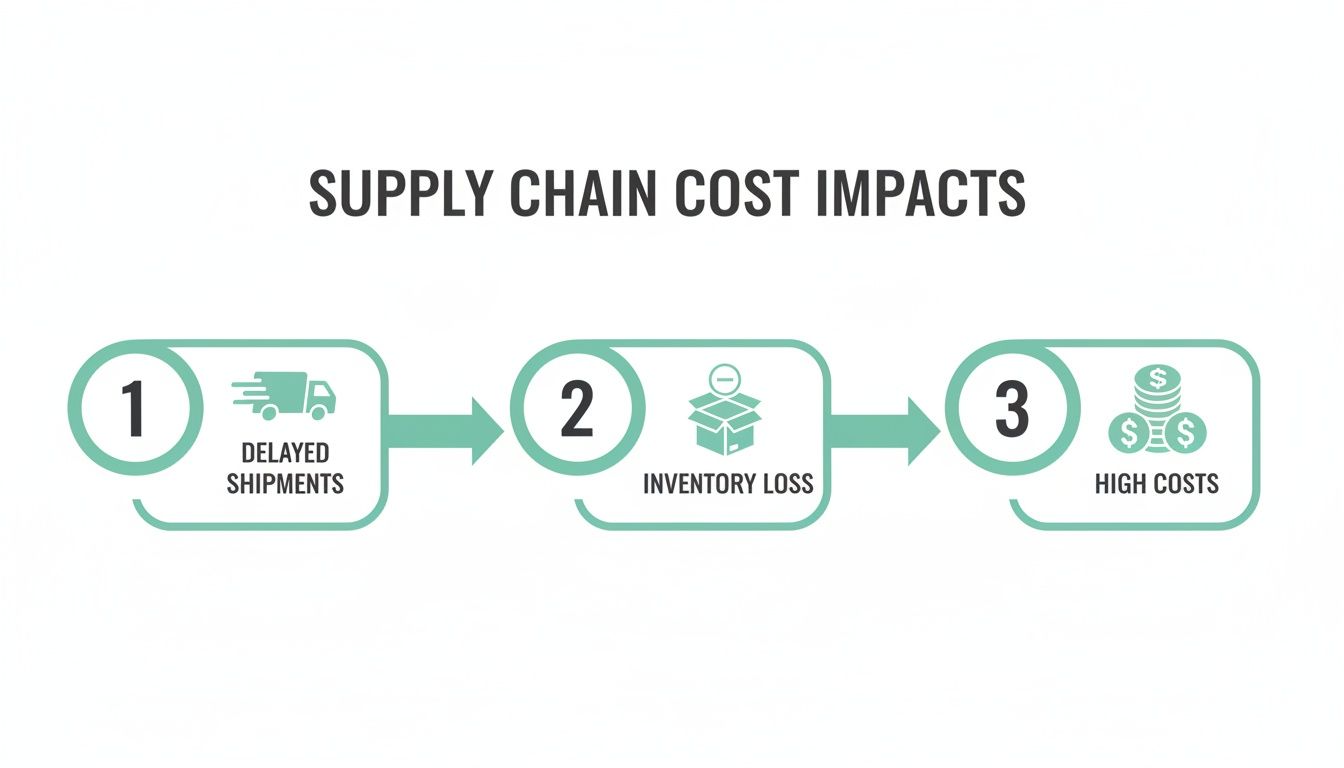 Diagram illustrating supply chain cost impacts: delayed shipments, inventory loss, and high costs.