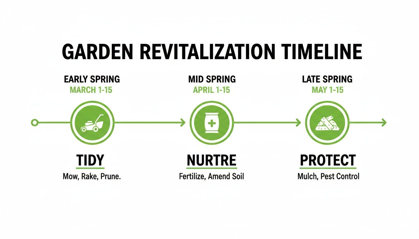 A garden revitalization timeline outlining spring tasks: tidy, nurture, and protect for healthy growth.