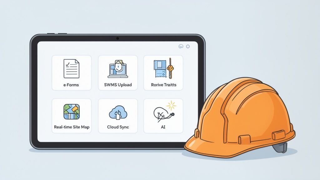 Tablet displaying construction management apps like e-Forms and site map, next to an orange hard hat.