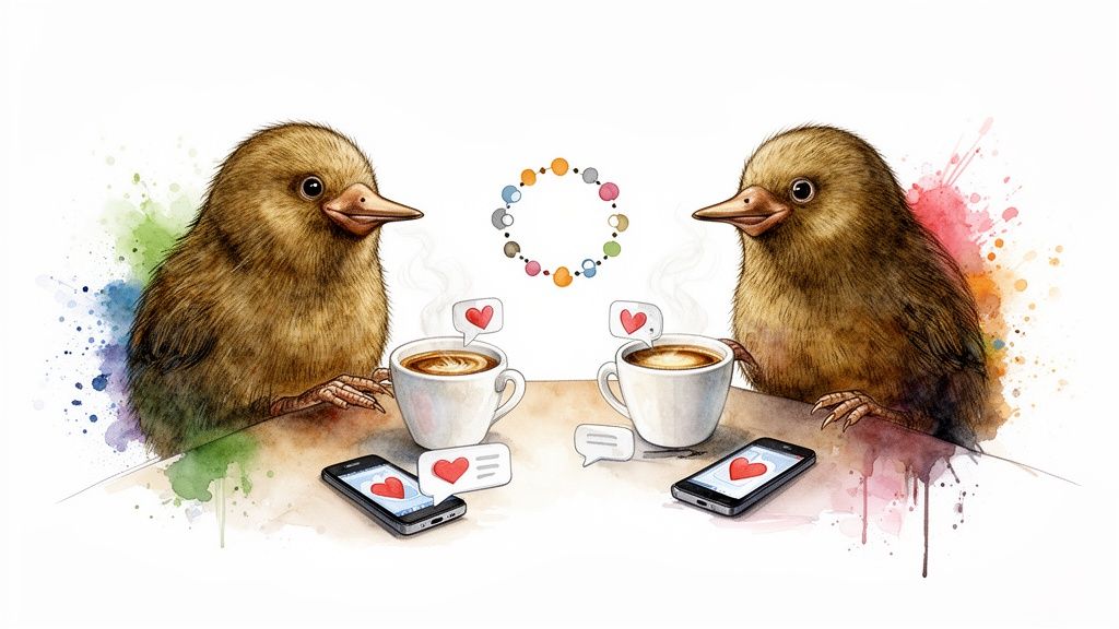 Two kiwi birds on a coffee date, looking at smartphones with heart emojis, watercolor style.