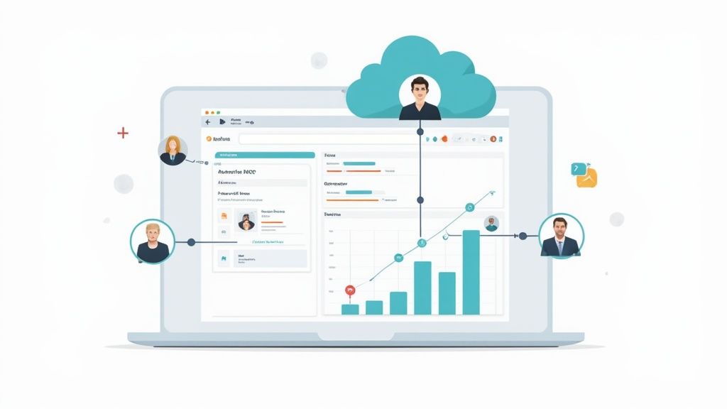 A laptop displays a cloud-based business dashboard with user profiles and data analytics charts.