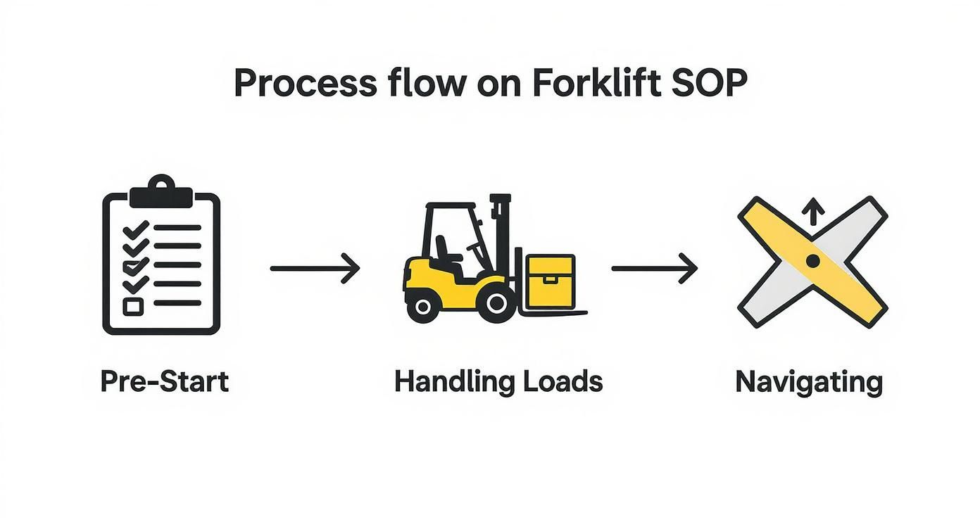 A process flow diagram illustrating the steps of a Forklift Standard Operating Procedure: Pre-Start, Handling Loads, and Navigating.