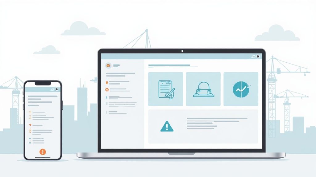 Digital safety management applications displayed on a laptop and smartphone, with a construction site background.