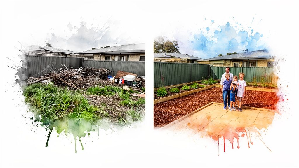 Before and after image showing a messy backyard transformed into a neat garden with a family.