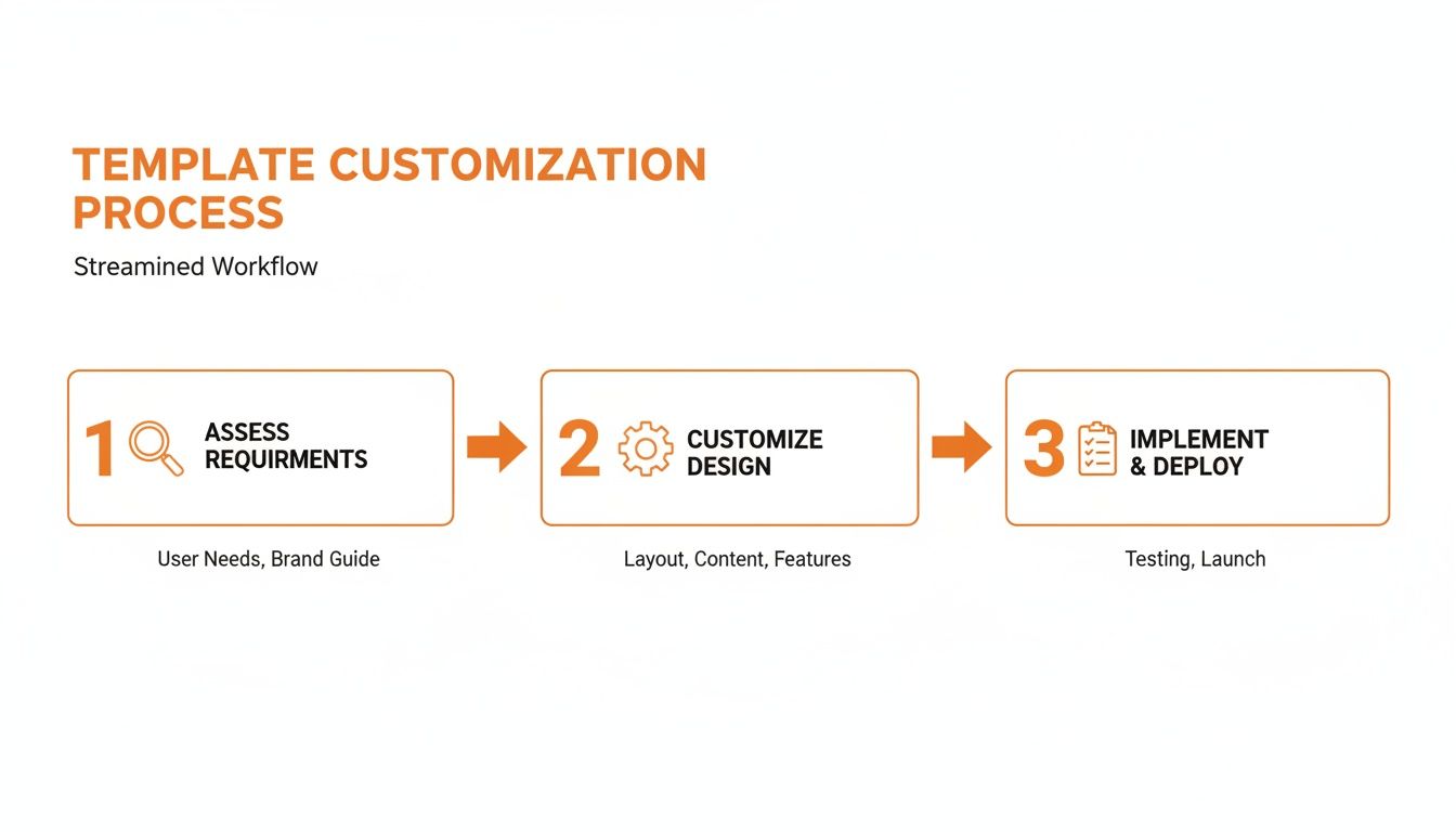 A 3-step template customization process diagram. Steps include assessing requirements, customizing design, and implementing/deploying the template.