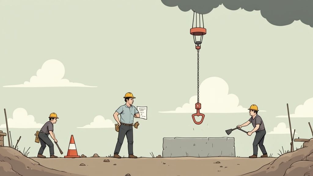 Construction workers managing site safety with crane and equipment illustrating workplace risk management