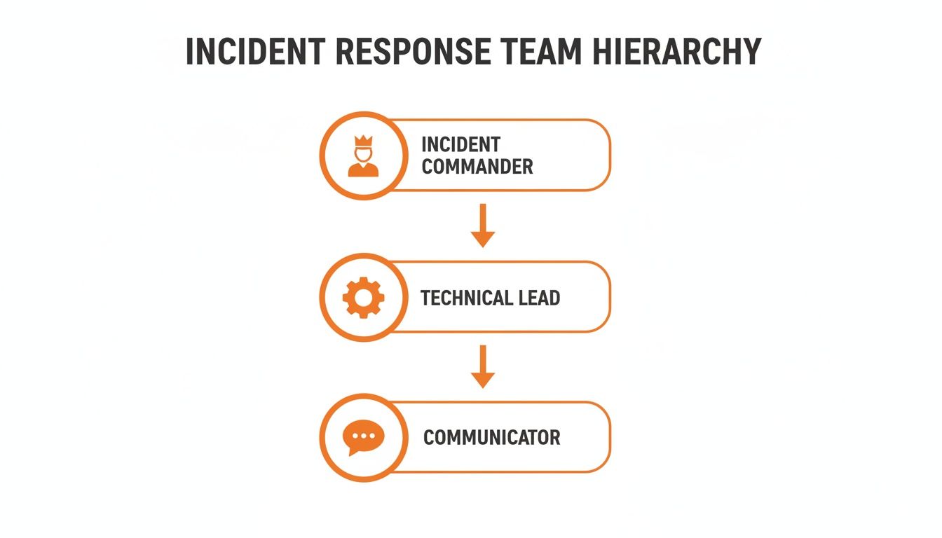 An incident response team hierarchy showing incident commander, technical lead, and communicator roles.