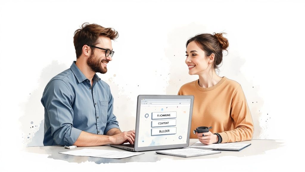 Two happy colleagues collaborating on a laptop for website content creation.