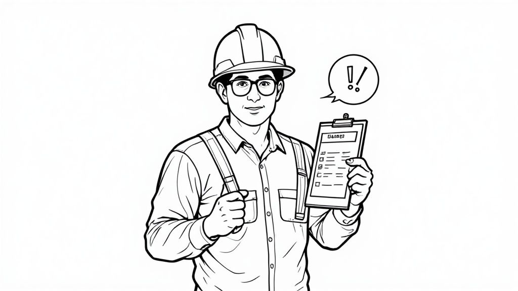 A construction worker in high-visibility clothing reviews plans on a worksite, with building framework in the background.