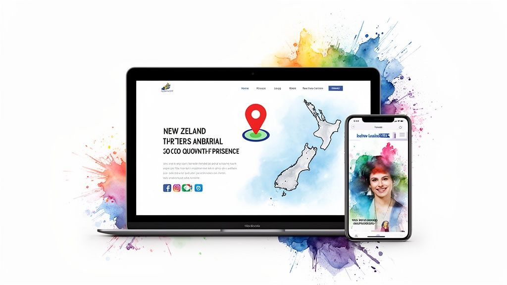 A laptop and smartphone displaying modern website designs featuring a New Zealand map and watercolor elements.