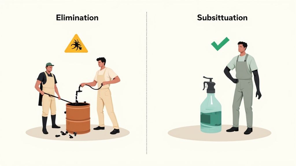 Illustration depicting hazard elimination by removing a toxic substance and substitution with a safer alternative.