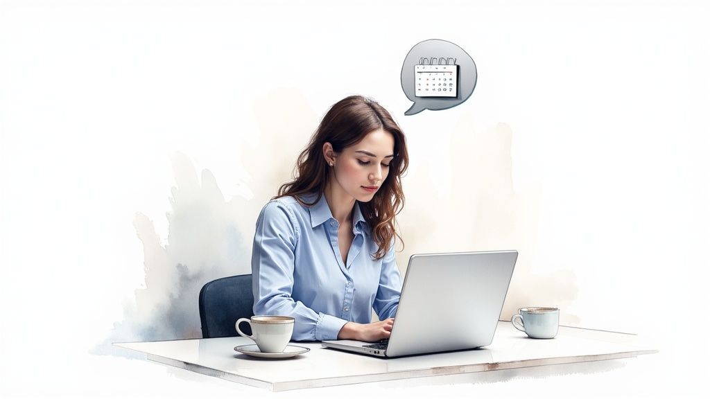 A woman works on a laptop at a desk with coffee, thinking about her calendar and schedule.