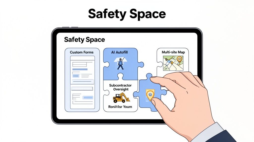 A hand places a puzzle piece into a tablet displaying 'Safety Space' software features like forms, AI autofill, and site map.