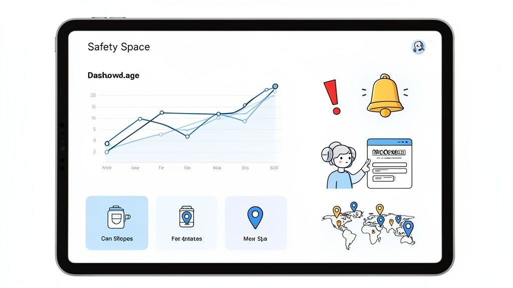 A tablet displays a 'Safety Space' dashboard with graphs, alert icons, and location-based features.