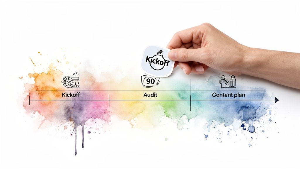 A colorful timeline showing Kickoff, Audit, and Content Plan stages for content strategy.