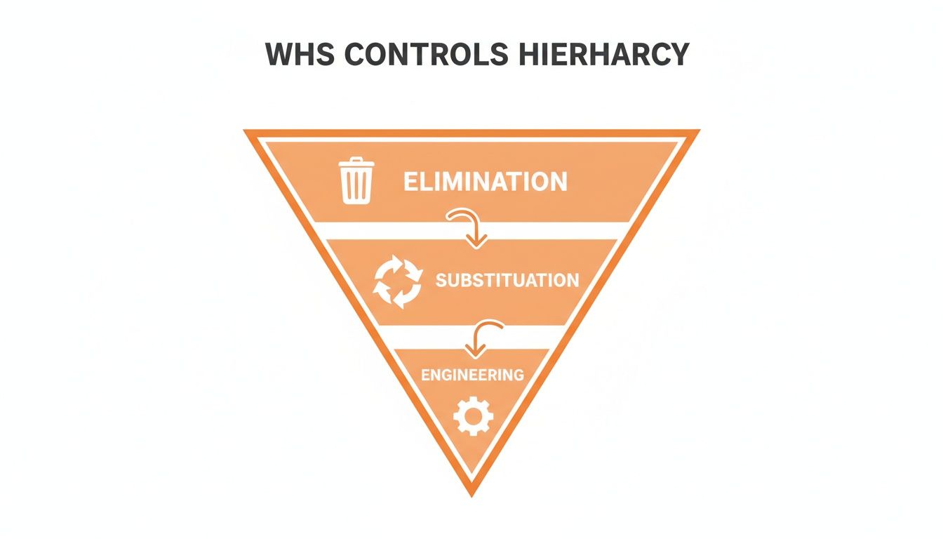 A WHS hierarchy of controls funnel diagram showing elimination, substitution, and engineering steps.