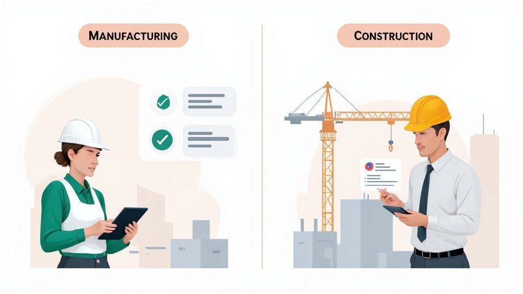 Professionals in manufacturing and construction using tablets for safety and task management.