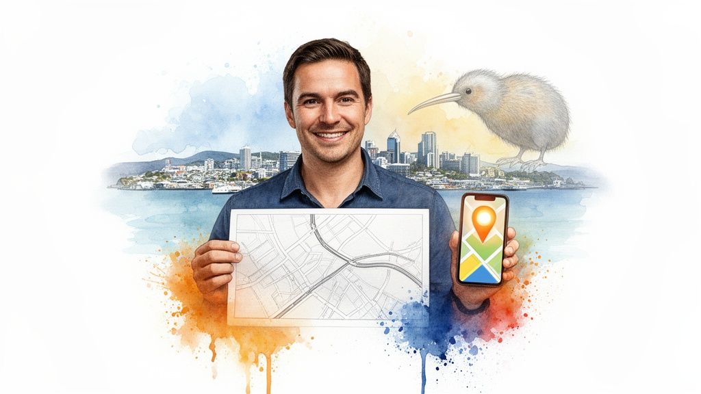 A smiling man holds a map and phone with a location app, with a New Zealand city and kiwi bird in the background.