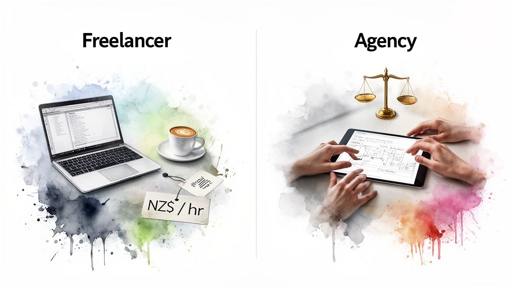Freelancer vs Agency: A visual comparison with laptop, coffee, hourly rate, and hands collaborating on a tablet.